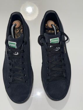 Puma Men's Black Suede Low-Top Sneakers with Green Logo